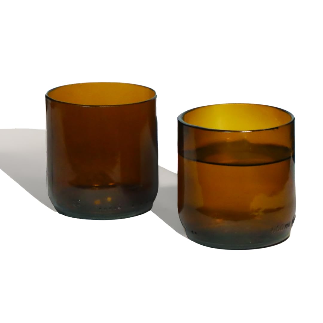 Photo 1 of Mosa Wine Bottle Drinking Glasses (230ml, 7.7oz, Set of 2) – Upcycled Stemless Glassware for Wine, Cocktails & Everyday Use | Eco-Friendly Sustainable Drinking Glasses (Amber)
