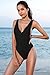 SHEKINI Women's Thong Swimsuits Retro V Neck Backless High Cut One Piece Monokini Swimwear (Medium/(US 8-10), Manhattan Black)