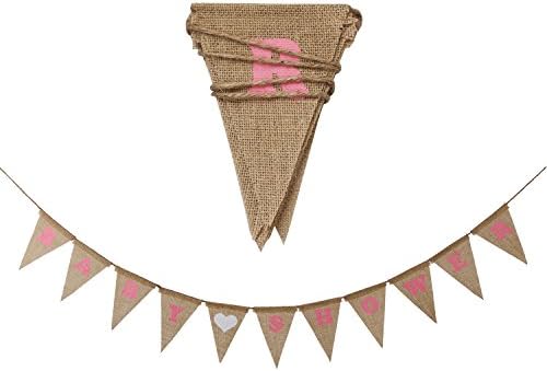 Baby Shower Burlap Banner, bunting banner, Rustic Theme Party Decorations, Vintage Pennants Flags With Pink Lettering, Pre Strung With Jute Rope, 10 Feet