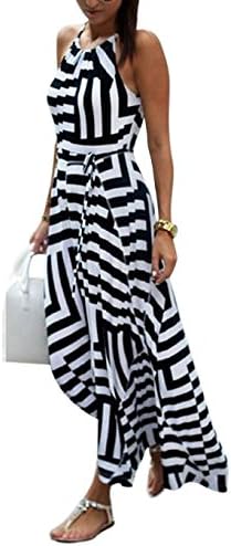 afferty Womens Waistband Drawstring Neck Black and White Striped Full-Length Dress  Medium