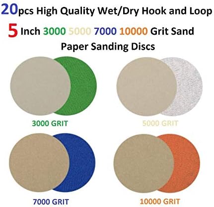 20pcs Hook and Loop 5 Inch 3000 5000 7000 10000 Grit Wet/Dry Sand Paper Sanding Discs