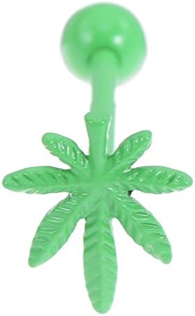 UNIhappy 1pc Tongue Piercing Rings Studs Stainless Steel Leaf Body Jewelry(Green)