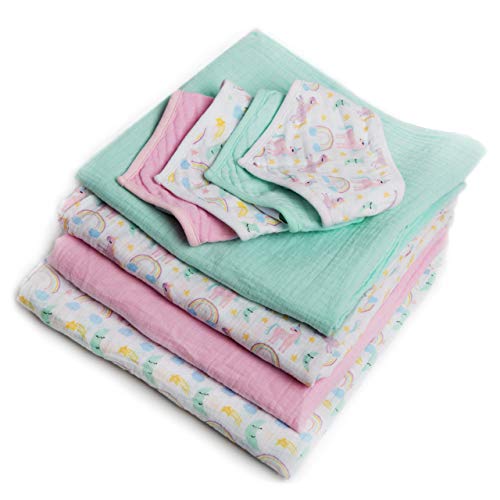 Baby Muslin Swaddle Blankets with Matching Dribble Bibs | Premium Cotton Swaddle Blanket | Set of 4 | Large 47 x 47 inches | Cute Unicorn/Rainbow Designs by Little Tinkers World