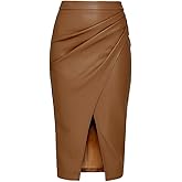 SUNYUESTAR Women's Faux Leather Midi Skirt High Waisted Wrap Ruched Bodycon Slit Sexy Skirt