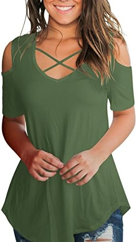 SMALNNIE Women's Criss Cross Cold Shoulder V Neck Short Sleeve Fall T Shirts