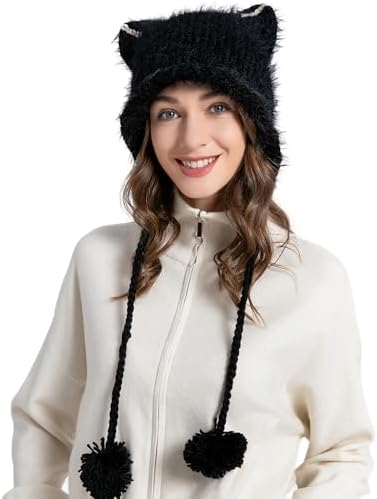 Kawaii Japanese Pom Trapper Hat, Faux Fur Ball Beanie Drawstring