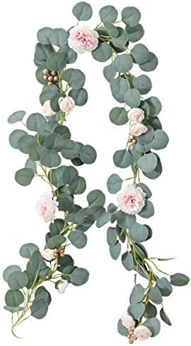 PARTY JOY Artificial Vines Faux Silk Eucalyptus Garland Greenery Wedding Backdrop Arch Wall Decor (Eucalyptus Garland Pink Flowers)