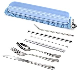 Image of TIMGOU Portable 7 Pieces Flatware Set, Reusable 304 Stainless Steel Fork, Knife, Spoon, Chopsticks, Juice Straw, Smoothie Straw and Cleaning Brush, Durable Travel Cutlery Set-Blue