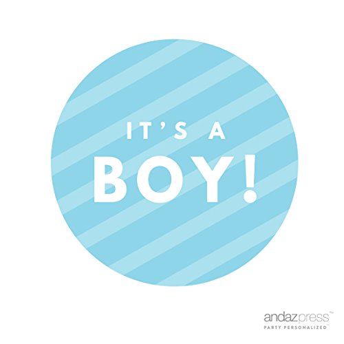 UPC 887394582073, Andaz Press Round Circle Baby Shower Gift Label Stickers, It&#39;s A Boy!, Striped Baby Blue, 40-Pack