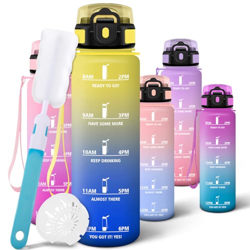 Motswedi Water Bottle 1 L, Sports Bottle, with Time Marker, Water Bottle, Leakproof, 1 Litre Bottle Includes Cleaning Sponge – Light Yellow & Royal Blue