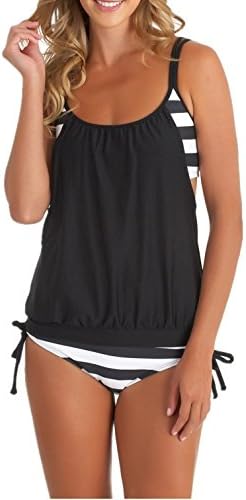 koobea Women's Stripes Lined up Double up 2pcs Tankini Swimsuits for Women Plus Size Bikini Beachwear Set