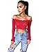 OQC Women's Sexy Off Shoulder Crop Tops Strapless Long Sleeve Casual Tube Rib-Knit Tee Red