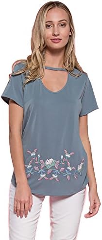SHOPGLAMLA Mock Neck Short Sleeve V Neck Choker Front Top. Made in USA