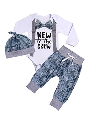 Newborn Baby Boy Clothes New to The Crew Letter Print Romper Long Pants Hat 3PCS Outfits Set Breathable and Soft (J-White, 0-3 Months) - Thumbnail 7