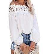 Asvivid Womens Swiss Polka Printed Smocked Off The Shoulder Tops Summer Flared Bell Sleeve Chiffo...