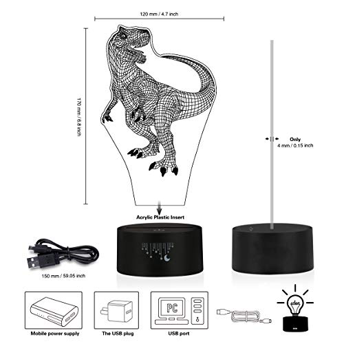 Dinosaur 3D Night Light, Rquite Decorative Bedside Lamp for Kids Room, LED Optical Illusion Lamps Touch Switch 7 Color Changing Lighting, Holiday Xmas Birthday Gifts for Baby Boys Girls - Thumbnail 3