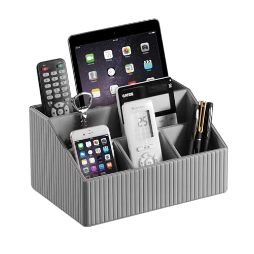 MEIBOOCH PU Leather Desk Organizer, Luxury Remote Control Holder for Home, Office Desk Accessories Table Caddy Bedside Nightstand Organizer (Grey) — image 1