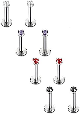 MAYUU 4 Pairs Womens 316L Stainless Steel 16G 2-4mm CZ Nose Piercing Labret Monroe Lip Rings Ear Piercings Studs 8 mm Bar Length (2mm Round CZ)