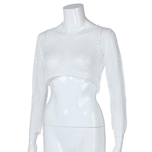 Snowfoller Sexy Women Mesh Knitted Swimsuit Crop Tops Beach Fishing Net Cover up Swimwear Rash Guard(S, White)