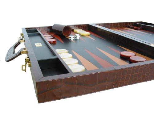 Leather Backgammon Board Set - (23" Large Attache Case, Zaza & Sacci) - Brown Croco