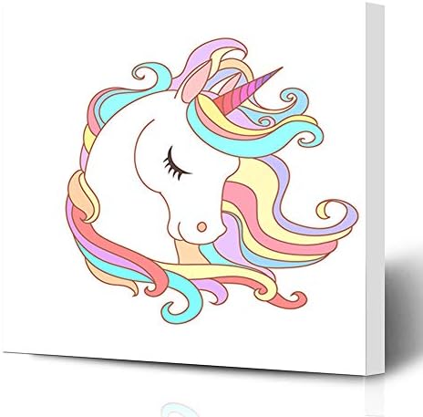 Krezy Decor Canvas Print Wall Art Painting 8"x12" Horse Pink Rainbow White Unicorn Children Art Face Cute Love Fairy Girlish Design Gallery Wrapped Artwork Home Living Room Office