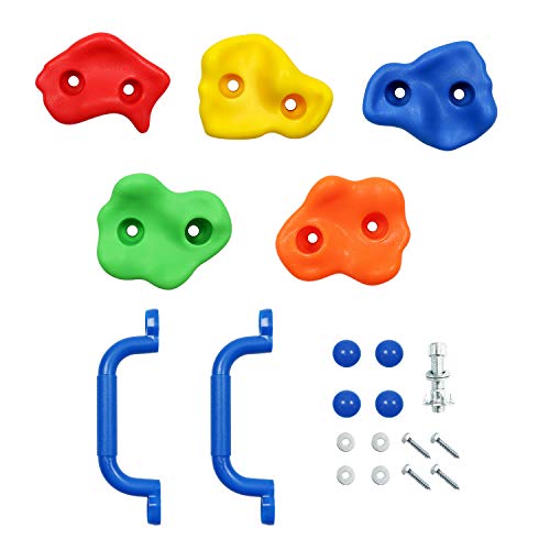 Rainbow Craft DIY Monkey Rock Climbing Holds Set Buddles of 20Pc with 2Pc Handles and 8Ft Knotted Rope for Kids Outdoor Play Includes Mounting Screws and Hooks