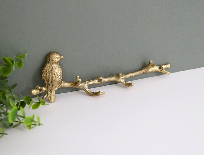 Fyne-Finds Metal Gold Bird on Branch 6 Hooks Coat Key Lead Hanger Rack Wall Mounted
