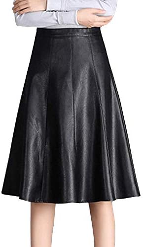 HIENAJ Women's Faux Leather Flared Midi Skirt High Waist A Line Pleated PU Skater Skirt