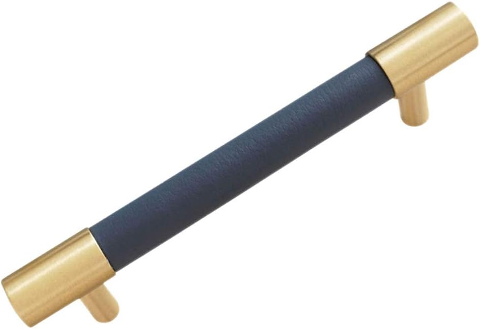 LBFEEL3.78" 5" Modern Dark Blue Leather Pull Handle Brass Drawer Pull Handle Kitchen Cabinet Door Knob Cupboard Hardware 96 128mm (5" Hole Centers)