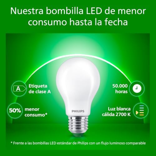 Bombilla LED Mate Philips Eficiente, Casquillo E27 4W, 840 Lúmens, Luz Blanca Cálida 2700k, Clase Energetica A