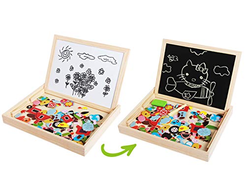 Magnetic Jigsaw Puzzles Matching Picture Game Double Sided Wooden Easel Drawing Blackboard Magnetic Whiteboard Animal/Vehicle Magnet Puzzle Educational Learning Toys Gifts For Kids Boys Girls Age 3-6