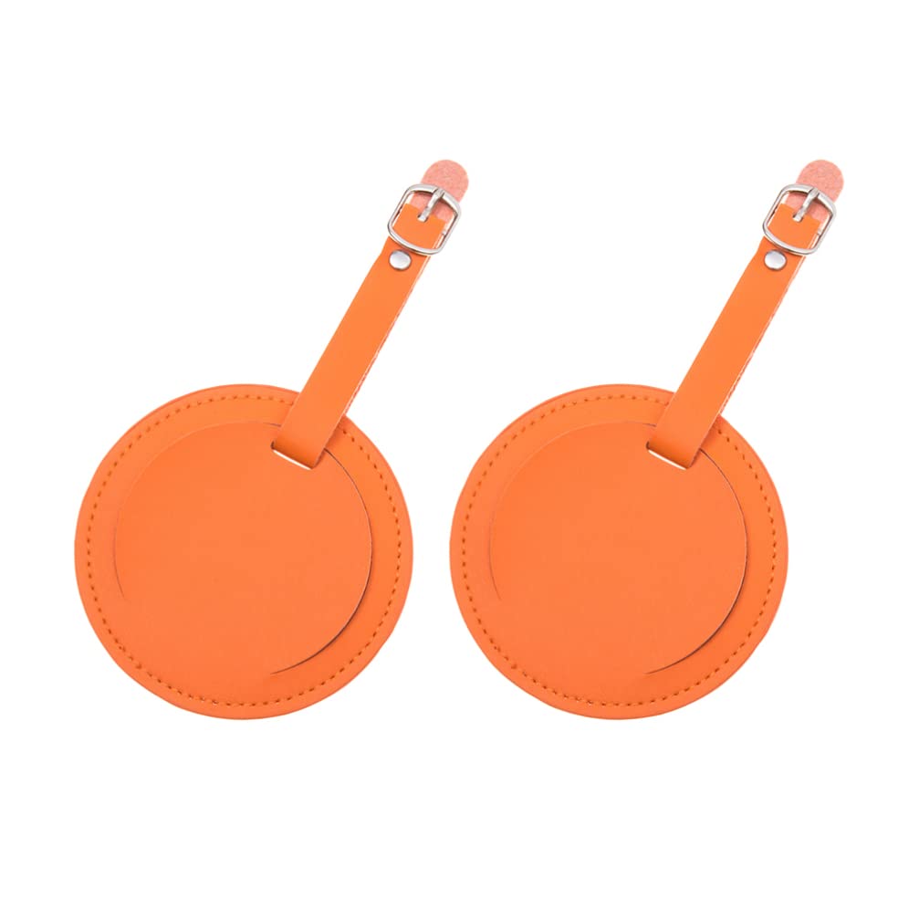 BESPORTBLE Travel Bag Tag, 2PCS Round PU Leather Travel Luggage Bag Tag ID Labels Tag Case Name Card Holder wtih Buckle for Luggage Suitcase Backpacks (Orange)