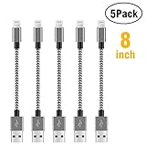 Short Lightning Cables [5Pack 8 Inch/20CM] COCOFU Nylon Braided Lightning to USB Cable Sturdy Fast Charging Cord for iPhone7, iPhone6, iPad, iPod and iPad 4th Gen other Apple devices - Black+Gray