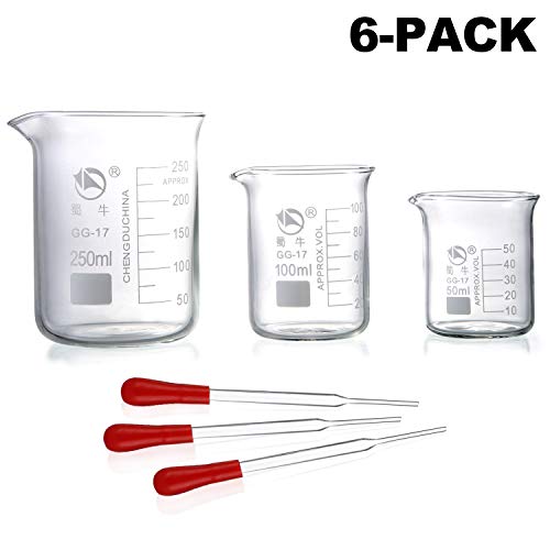 Young4us Glass Beakers, Pack of 6 Low Form Glass Measuring & Glass Droppers Set, 3 Graduated Griffin Beakers in 3 Sizes with Scales, 250ml, 100ml, 50ml, 3 Glass Droppers Without Scales (3ml per Drop)