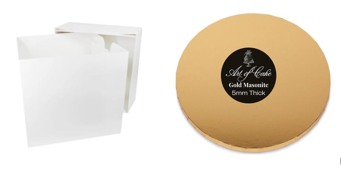 Art of cake® Glossy Gold Masonite Cake Board (5mm) and White Tall Cake Box (8" Gold)