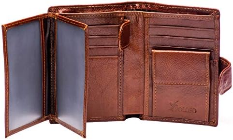 Men's RFID Large Leather Trifold Wallet Snap Closure 3 ID Windows (Reddish Brown)