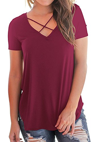 KUSMOO Women's Summer Cross Front Tops Loose Deep V Neck Junior Girls T Shirts (Wine Red, Medium) - Thumbnail 4