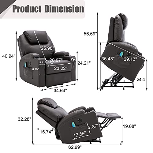 Oyerol Power Lift Recliner Chair with Heat and Vibration Massage for Elderly, Leather Electric Recliner Lift Chair for Living Room with USB Port, Cup Holders and 4 Pockets-Brown