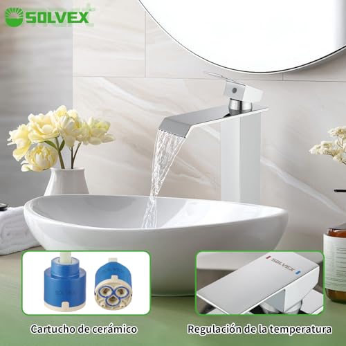 SOLVEX Monomando para Lavabo, Grifo para Lavabo de Baño, Llaves para Lavabo de Baño, Mezcladora para Lavabo Baño con Líneas de Suministro, Grifo de Baño Cascada, Acabado Cromo Espejo, SP-10054