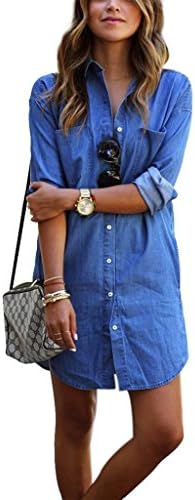 Womens Summer Casual Denim Shirt Long Sleeve Loose Jean Denim Tops Blouse