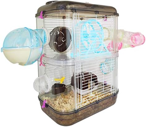 Raku ハムスターケージ 2階建て 飼育ケージ 大型透明ケージ おしゃれ ホイール付き 食器 回し車 給水器 パイプ ハムスタートンネル 組立式 アクリル製 通気性よく 日本語説明書付き