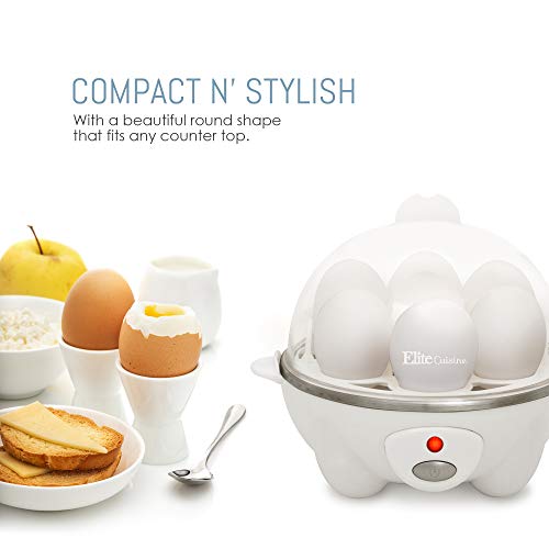 Elite Cuisine EGC-611 Easy Electric Poacher, Omelet & Soft, Medium, Hard-Boiled Deviled Egg Cooker with Auto-Shut off and Beep Alert, 7 Capacity, White