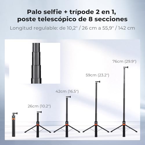 K&F CONCEPT Trípode y Selfie Stick Telescópico de 142 cm / 55,9", Bastón Portátil 2 en 1 con Base, Compatible con dji Osmo Action 6, dji Osmo Action 5 Pro/4/3, GoPro Hero 13/12/11/10/9/8