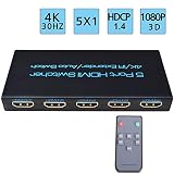4K@30Hz HDMI Switch 5x1 FiveHome 5 Port HDMI Switcher Support Auto Switch with IR Remote, HDCP 1.4,Full HD/3D