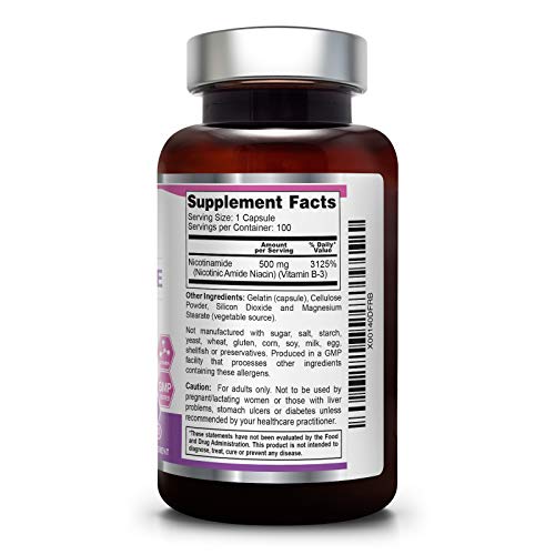 B3 Nicotinamide 500 Mg 100 Capsules Natural FlushFree Vitamin