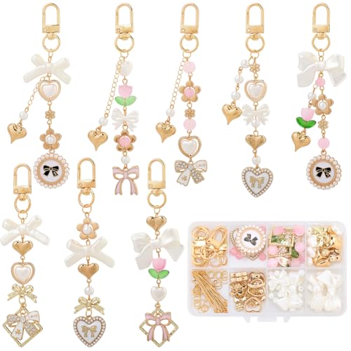 SUNNYCLUE 1 Box 156Pcs DIY 8 Sets Keychain Making Kit Bows Key Chain Charm Bead Kit Bowknot Beads Bulk Imitation Pearls Flower Bow Heart Swivel Key Rings for Jewelry Making Crafts Keyrings Supplies
