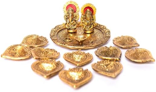 Oil Lamps & Accessories - Aluminium Golden Color Lakshmi Ganesha Statues with Diwali Diya | Pooja Decoration Items Indian | Diwali Gifts Indian | Ganesha Lakshmi Statues with 10pc Diya
