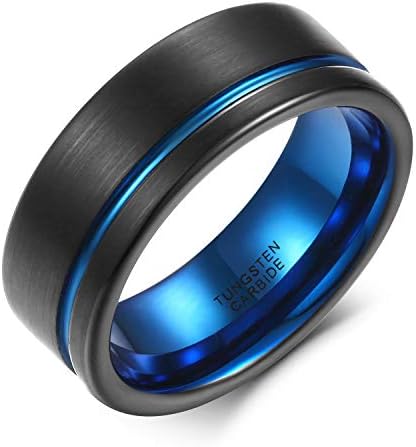 Men's 8 mm Tungsten Ring Wedding Band Engagement Rings Brushed Black and Blue Black