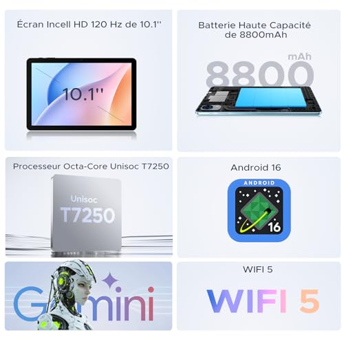 POPUX P10 Pro 10 Inch Tablet, Android 16 Tablet with 120Hz Display, 48GB+128GB/2TB, T7250 Octa-Core, 8800mAh, Widevine L1, Gemini AI, 13MP+5MP, Tablet with Keyboard, Stylus, Black