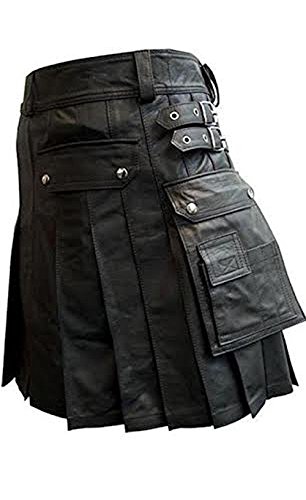 Adult Scottish Stud Costumes - Mens Real Black or Brown Leather Gladiator Pleated Utility Kilt LARP (K5)